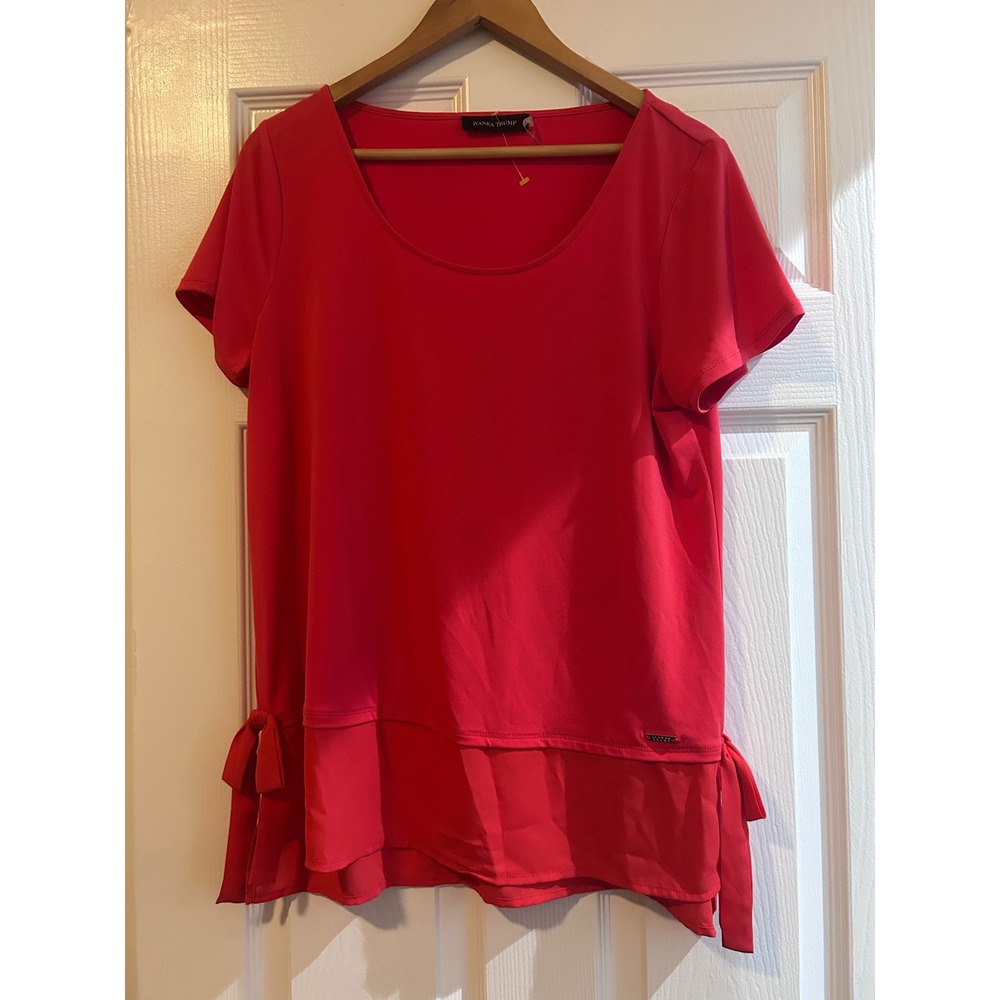 Ivanka Trump Red Short Sleeve Tiered Hem Tunic Top Tie‎ Detail Size L G